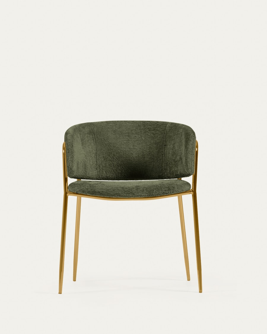 Runnie chair in dark green chenille with steel legs and gold finish