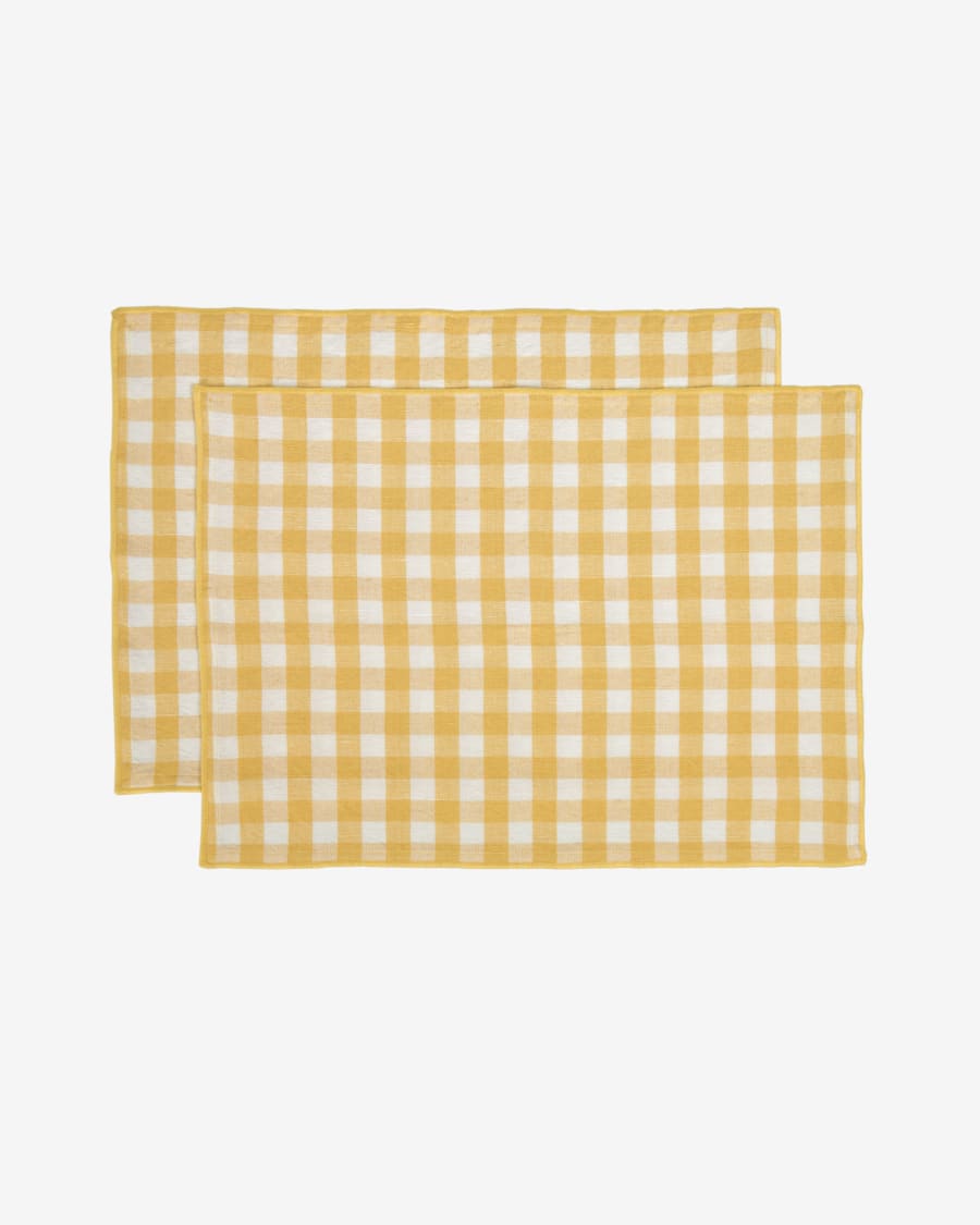 Eyen set of two white and yellow checks cotton and linen placemats