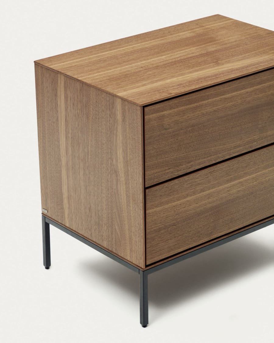 Vedrana bedside table, 2 walnut veneer drawers, and black steel legs, 60 x 55 cm