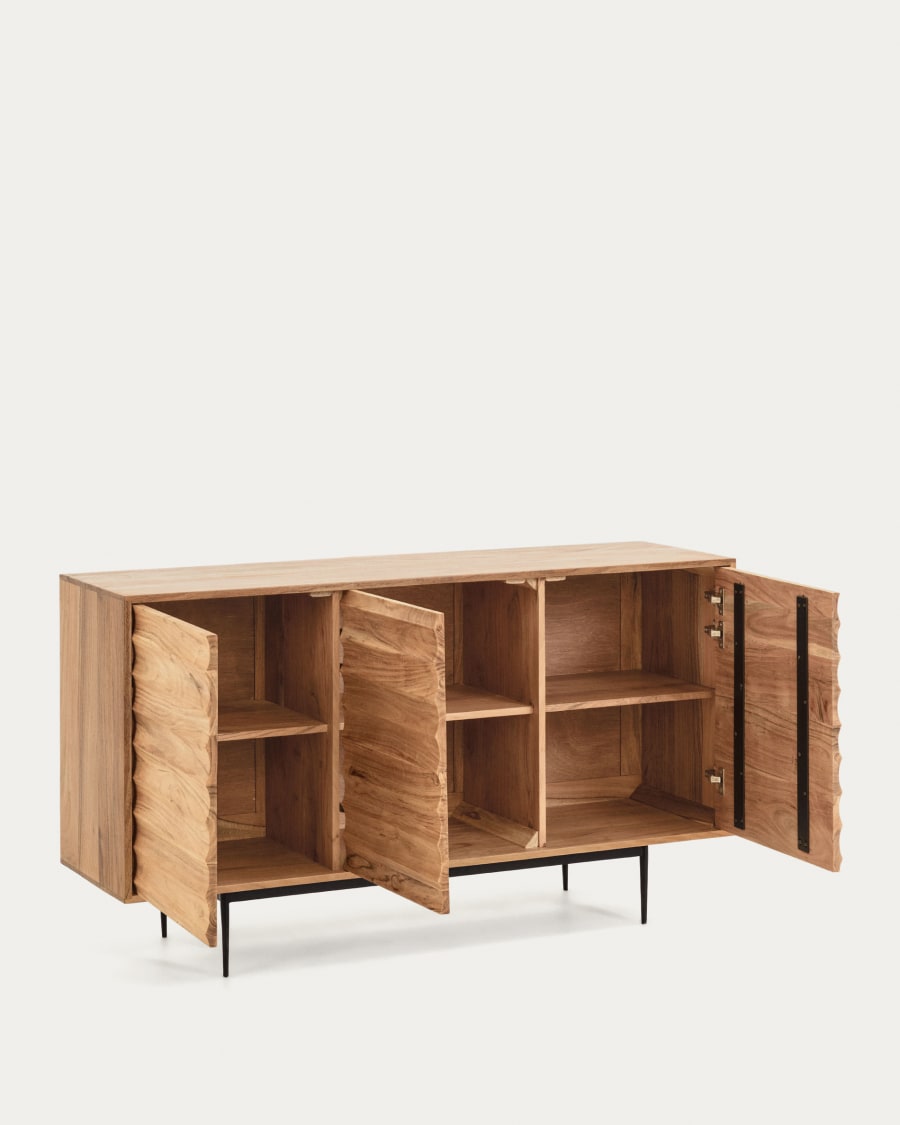 Delsie solid acacia wood 3 door sideboard with black finish steel, 147 x 81 cm