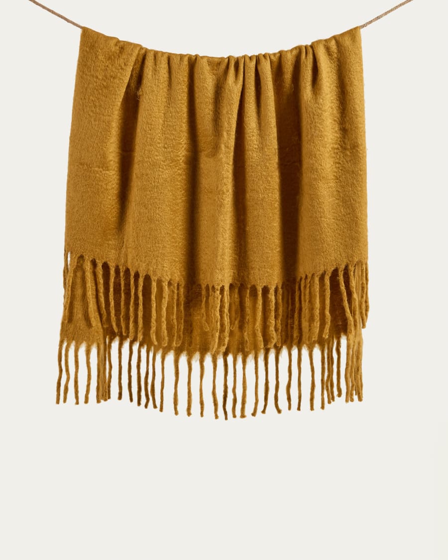 Κουβέρτα Jiba, μουσταρδί μαλλί μουσταρδί με κρόσσια, 125x150εκ