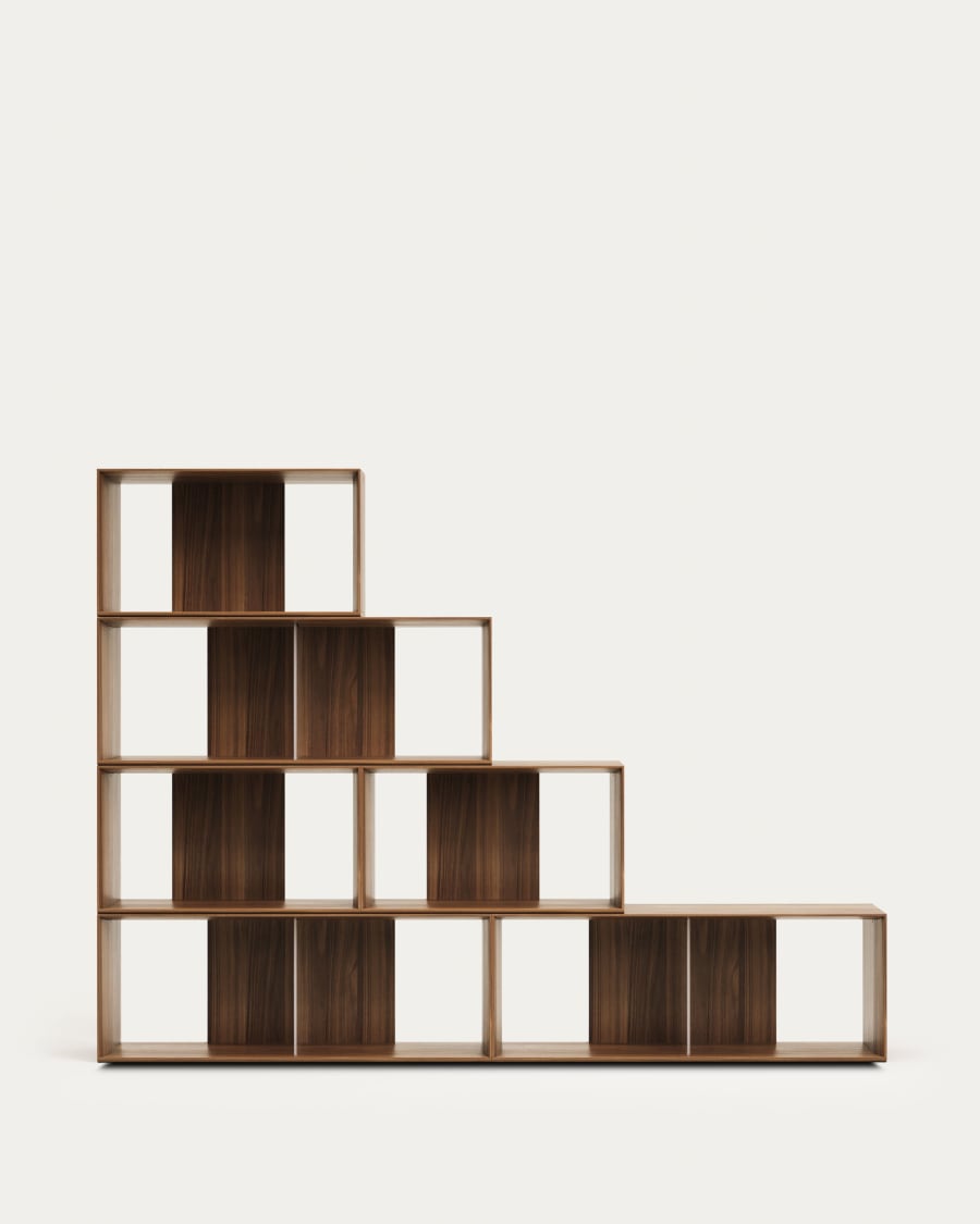Litto set of 6 modular shelving units in walnut wood veneer, 168 x 114 cm