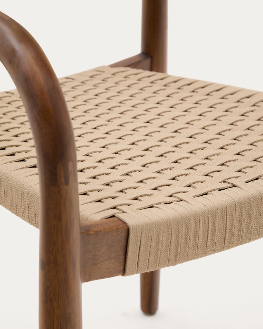 Nina stackable chair in solid acacia wood with walnut finish and beige rope seat FSC 100%