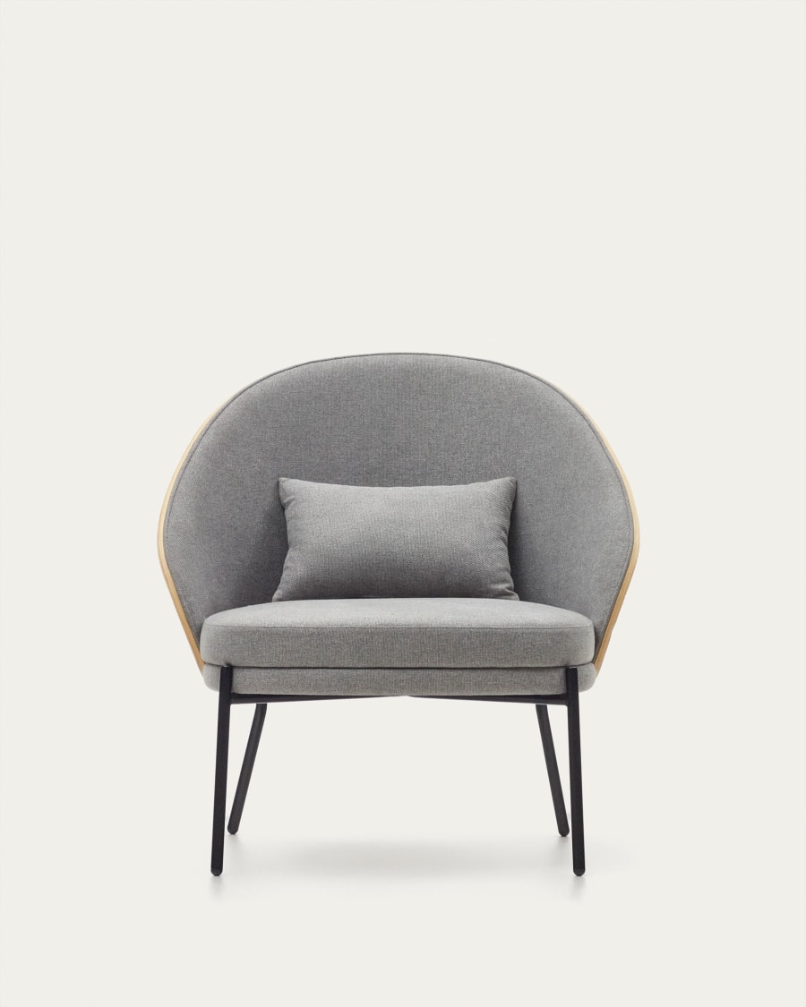 Eamy light grey armchair in an ash wood veneer with a natural finish and black metal