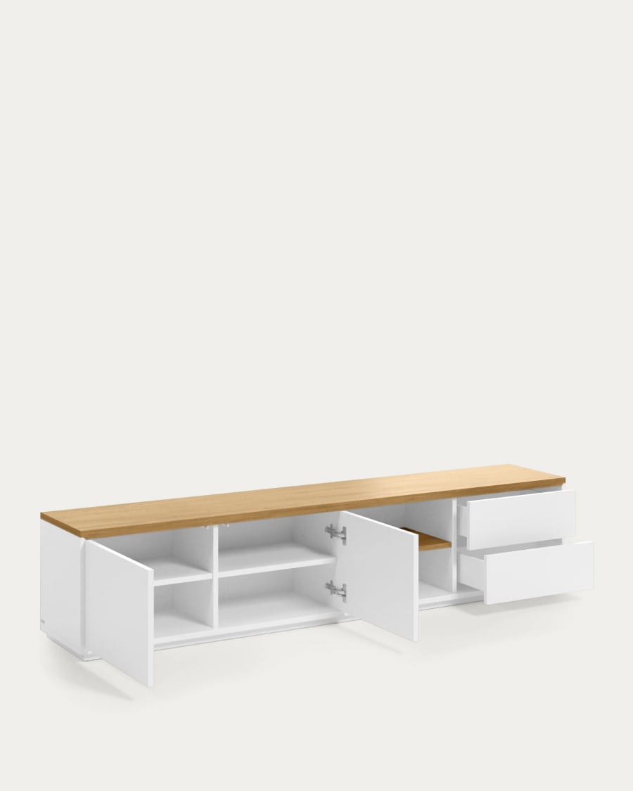 Abilen oak wood veneer TV stand with 2 doora and 2 drawers in white lacquer, 200 x 44 cm FSC 100%