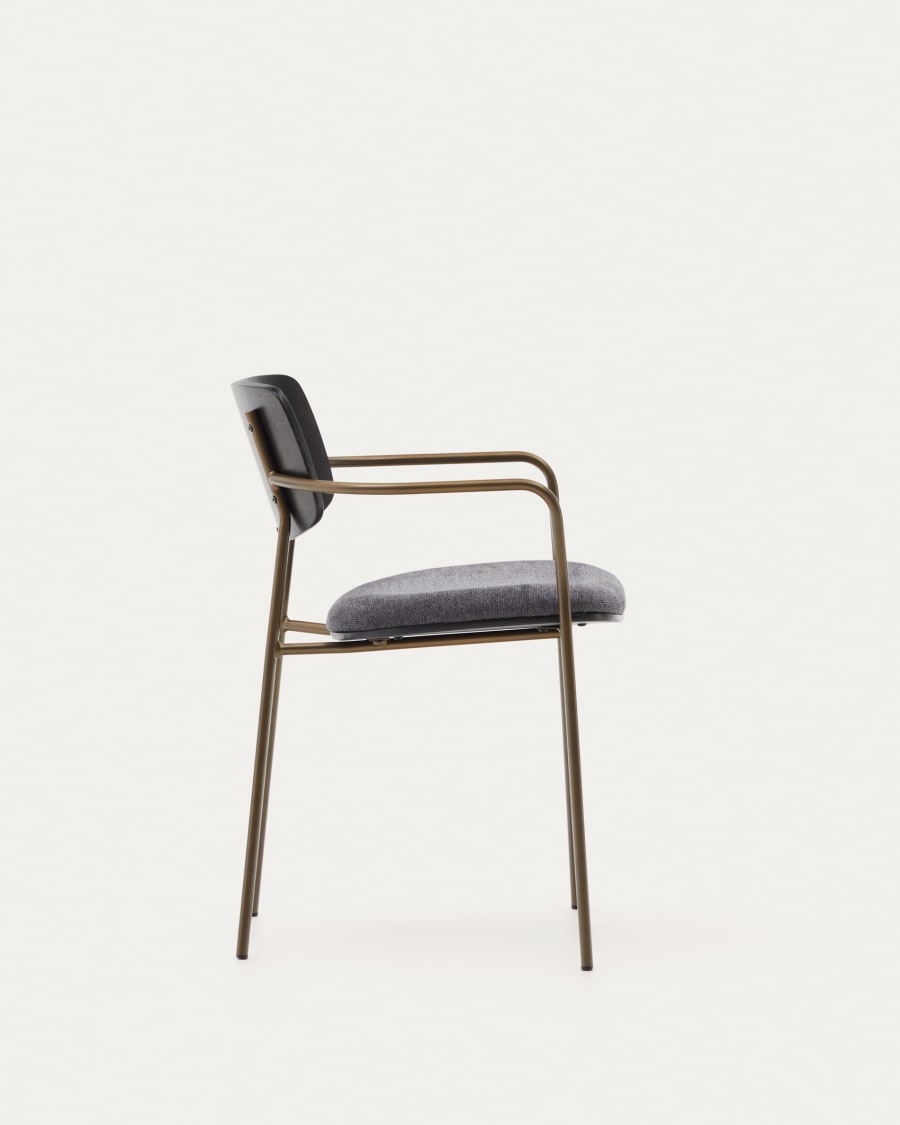 Maureen stackable chair in poplar plywood with dark tone finish and brass-finish metal, 100% FSC