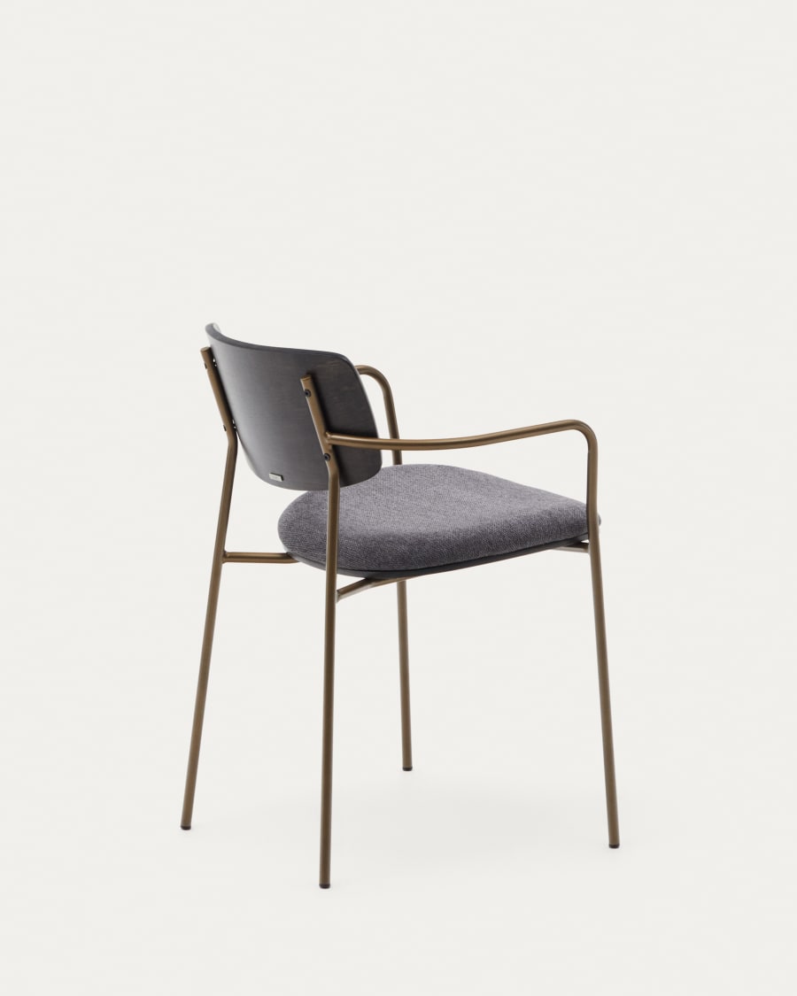 Maureen stackable chair in poplar plywood with dark tone finish and brass-finish metal, 100% FSC