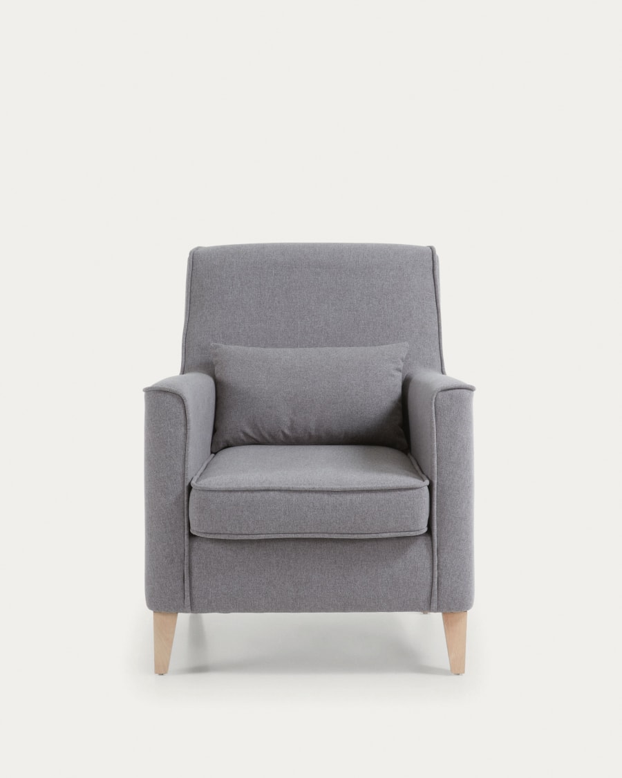 Glam light grey armchair with solid beech wood legs.