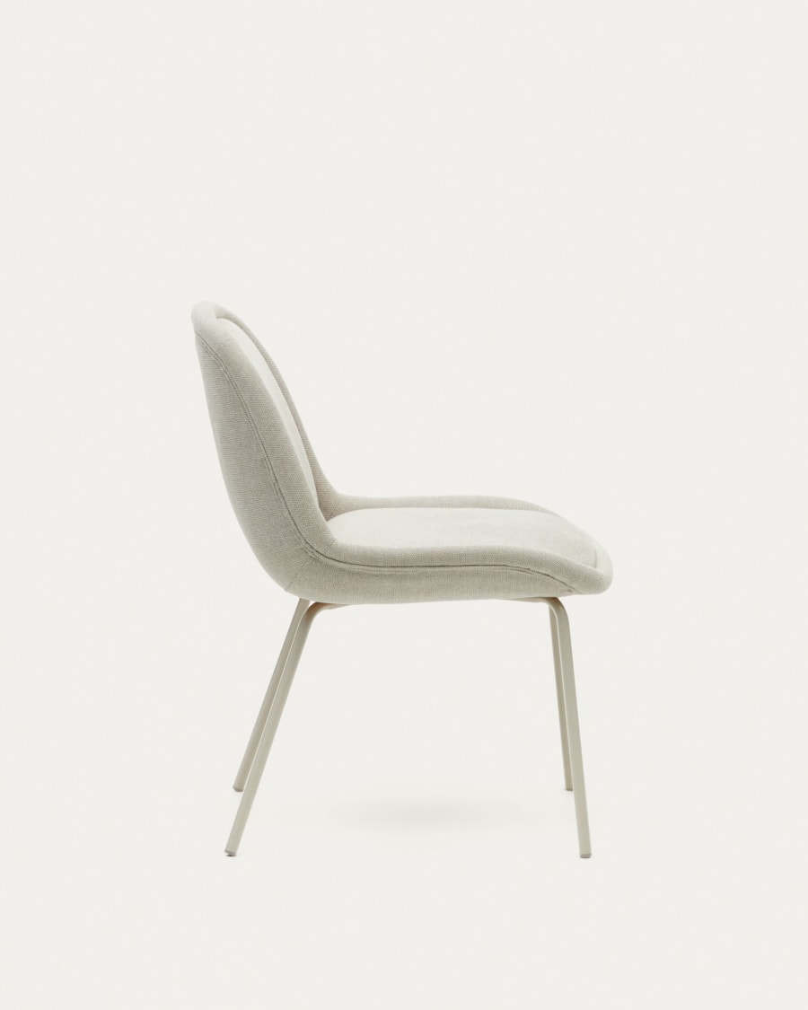 Aimin chair in beige chenille and steel legs with a matte beige painted finish FSC Mix Credit