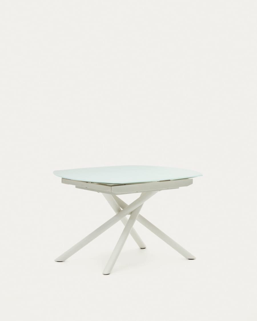 Yodalia extendable round table in glass and MDF with steel legs in white, 130 (190) x 100 cm