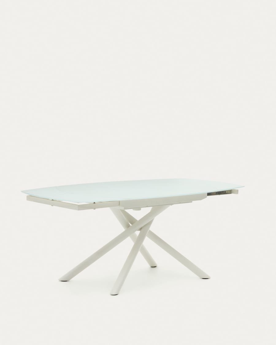 Yodalia extendable round table in glass and MDF with steel legs in white, 130 (190) x 100 cm