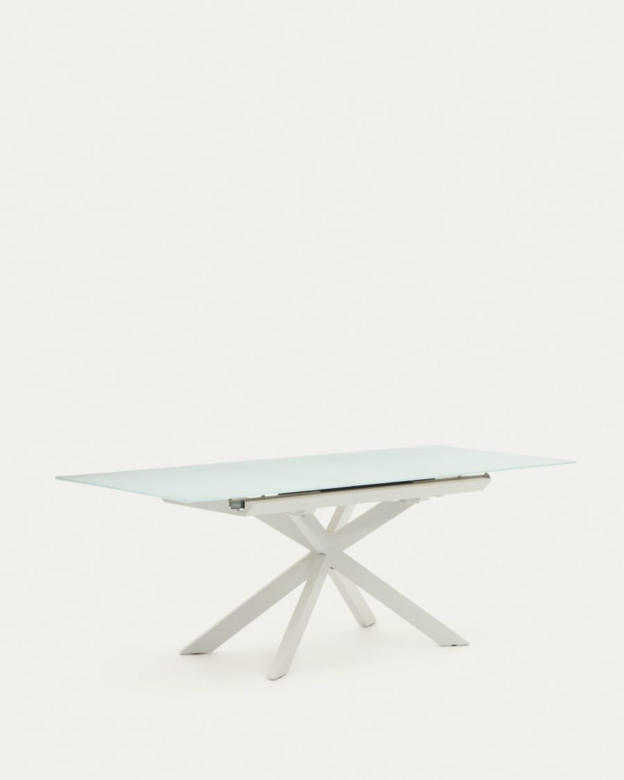 Atminda extendable table in glass and MDF with steel legs in white, 160 (210) x 90 cm
