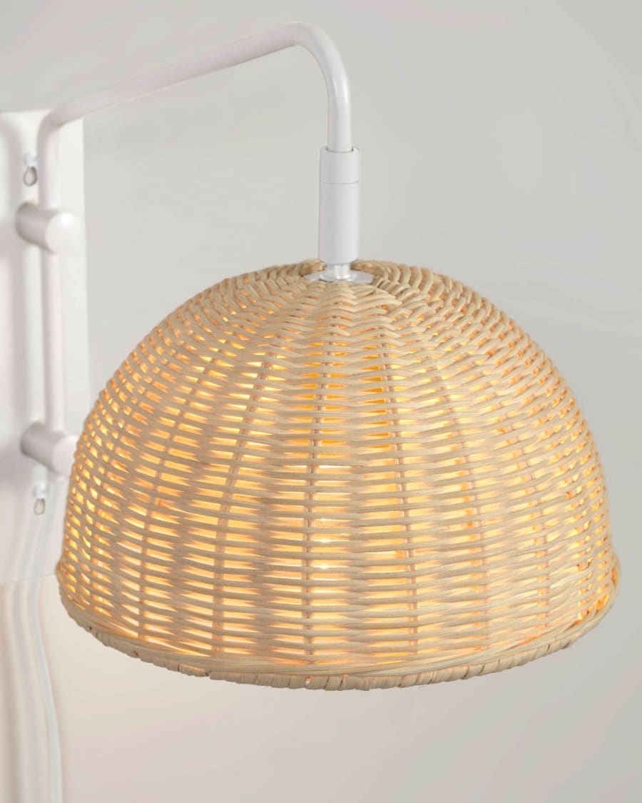 Damila wall light in metal with white finish and rattan with natural finish UK adapter