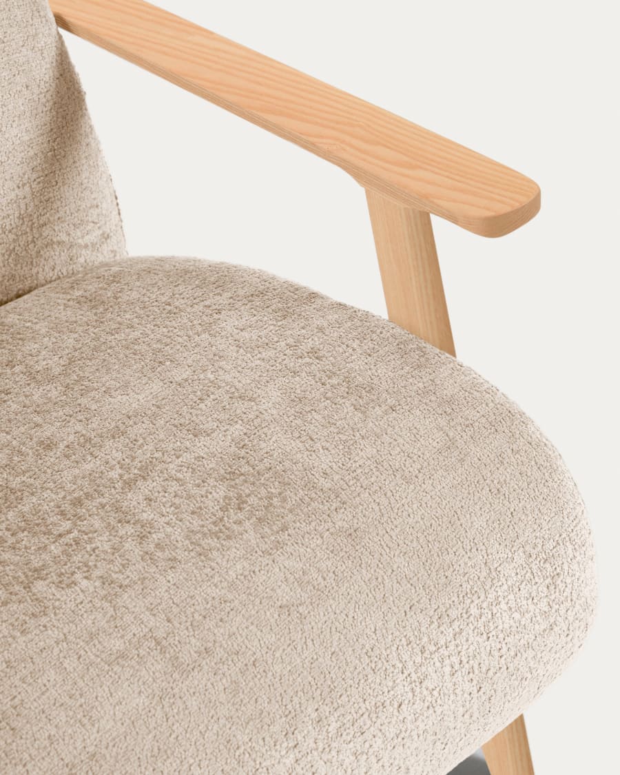 Meghan armchair in beige chenille and wood with natural finish
