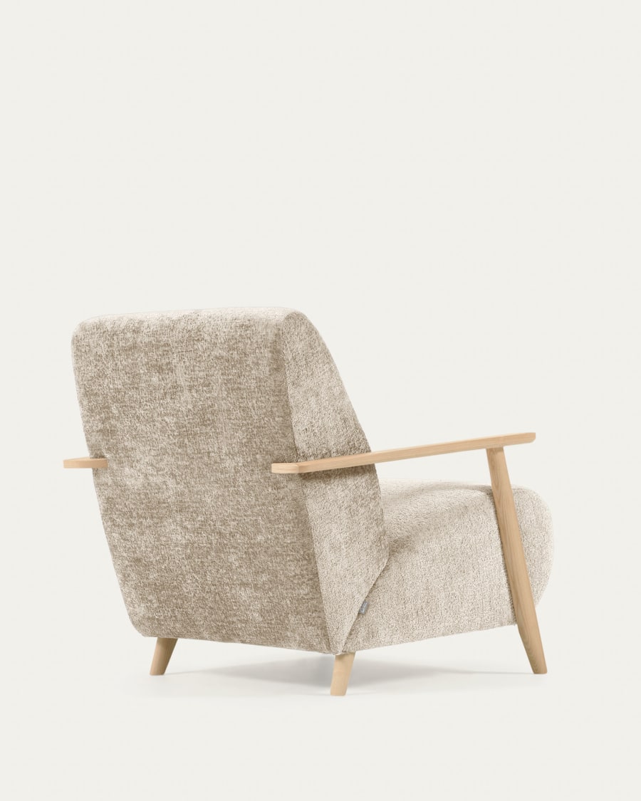 Meghan armchair in beige chenille and wood with natural finish
