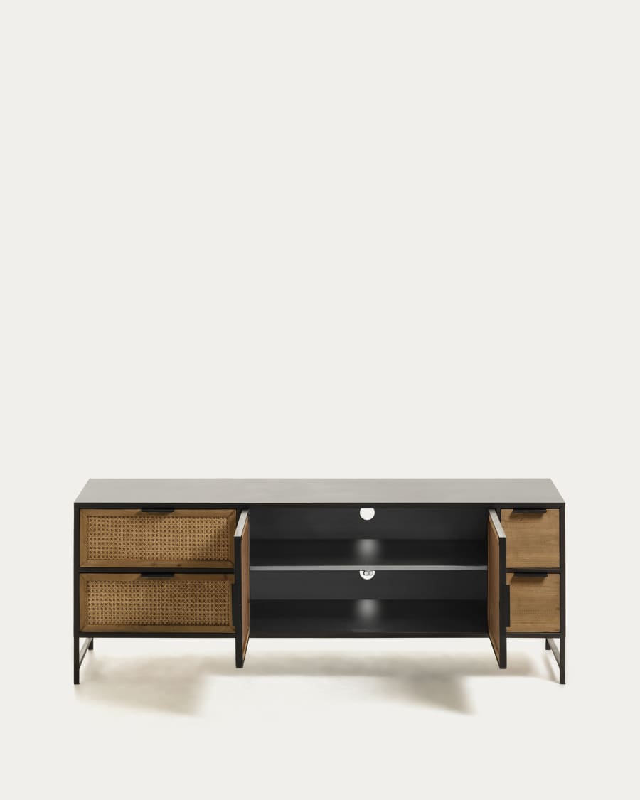 Kyoko solid fir tree wood and black metal TV stand with 2 wicker doors & 4 drawers, 150 x 55 cm