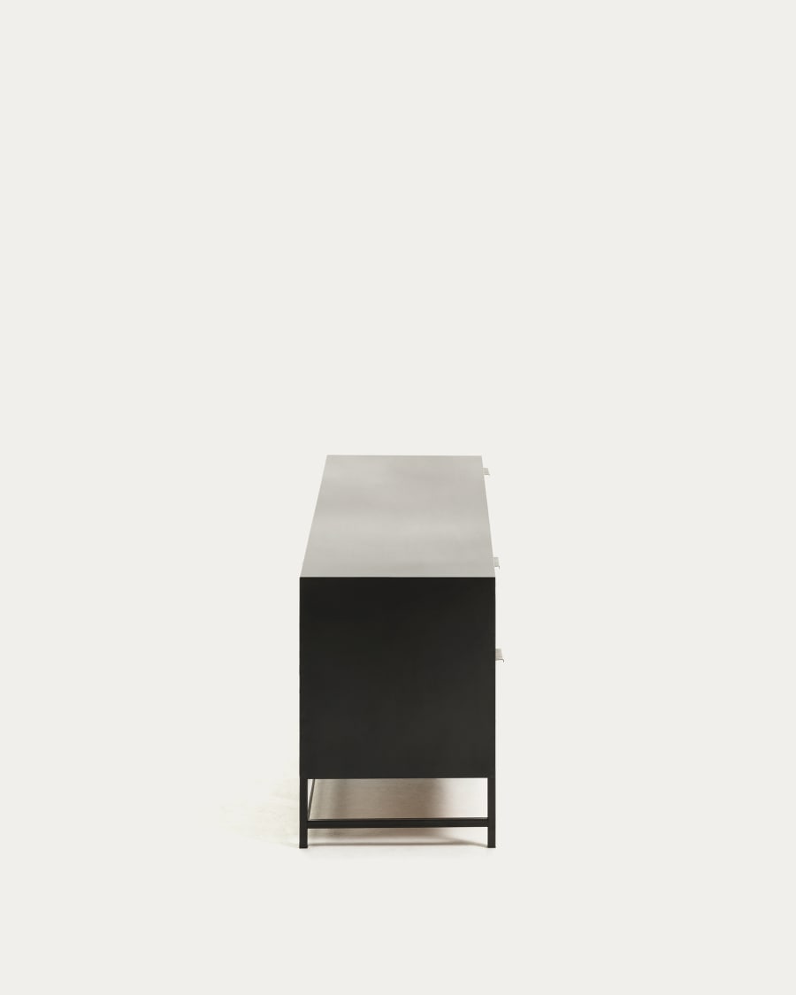 Kyoko solid fir tree wood and black metal TV stand with 2 wicker doors & 4 drawers, 150 x 55 cm