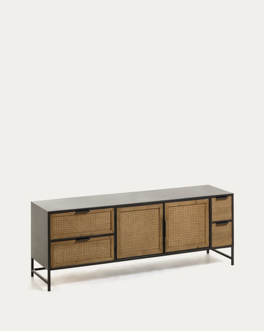 Kyoko solid fir tree wood and black metal TV stand with 2 wicker doors & 4 drawers, 150 x 55 cm