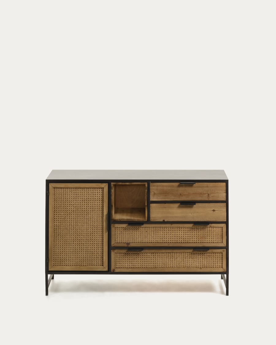 Kyoko fir tree wood & black metal sideboard w/ 1 door & 4 wicker drawers, 120 x 75 cm
