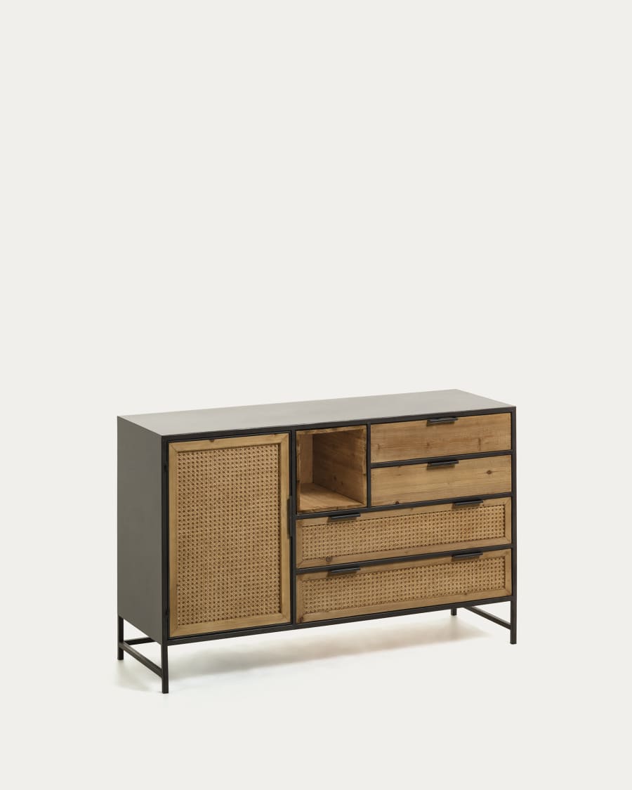Kyoko fir tree wood & black metal sideboard w/ 1 door & 4 wicker drawers, 120 x 75 cm