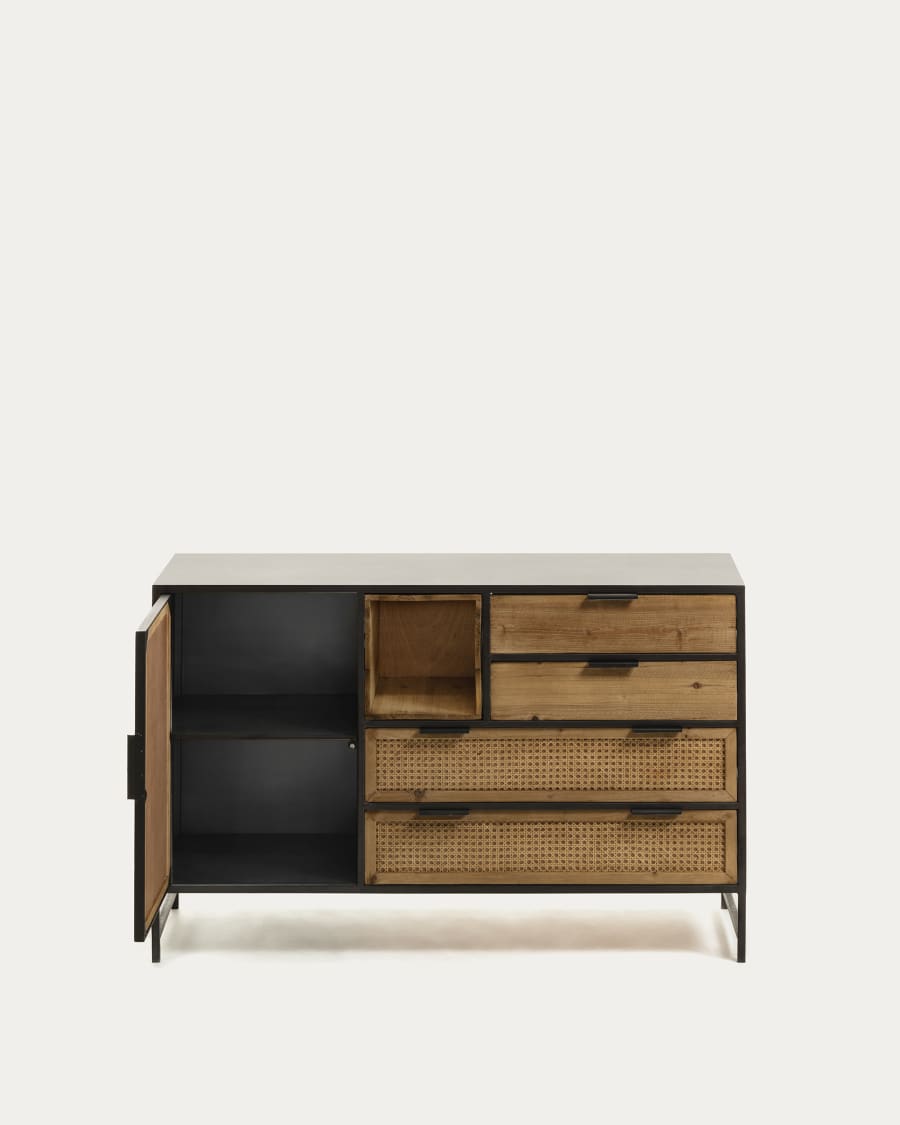 Kyoko fir tree wood & black metal sideboard w/ 1 door & 4 wicker drawers, 120 x 75 cm