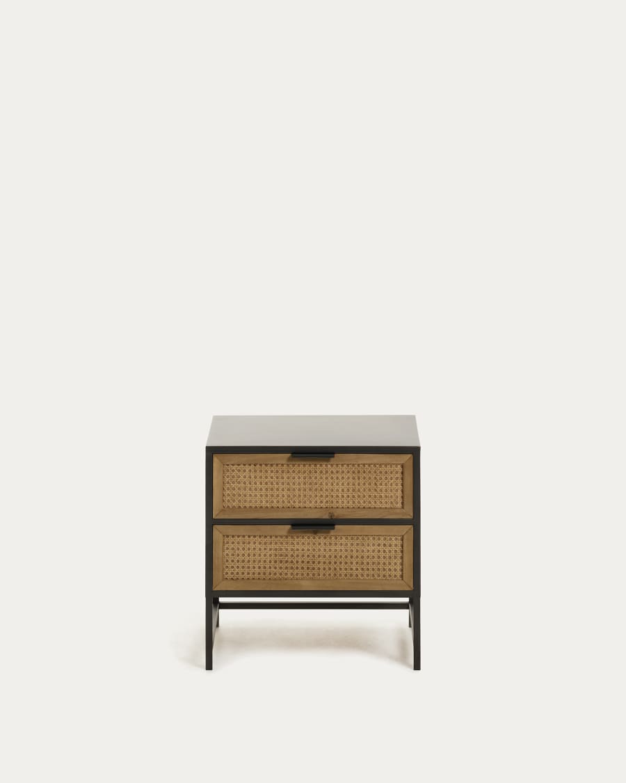 Kyoko bedside table made from solid fir wood with wicker and steel in black 50 x 51 cm