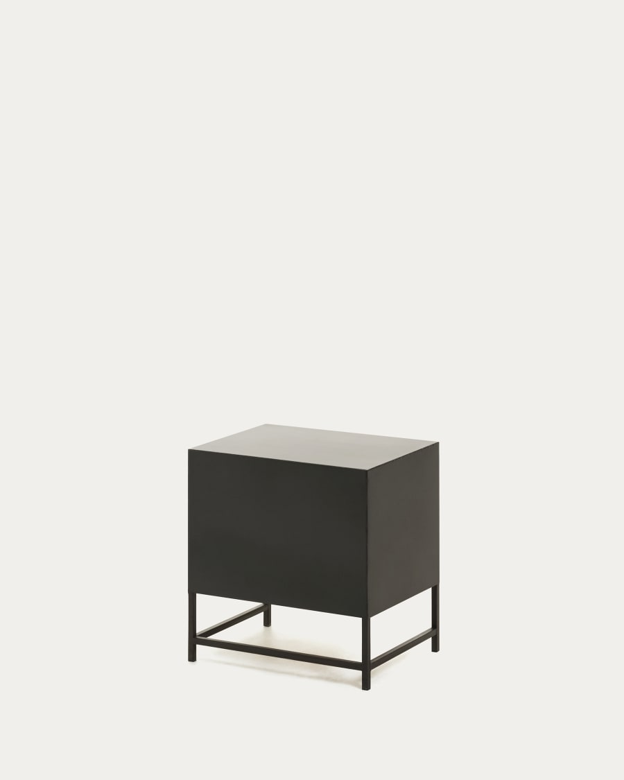 Kyoko bedside table made from solid fir wood with wicker and steel in black 50 x 51 cm