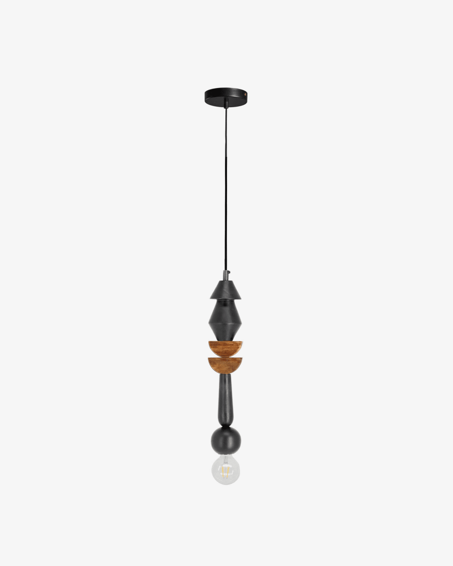 Jellis ceiling lamp with 2 semicircles in solid mango wood with black and natural finish