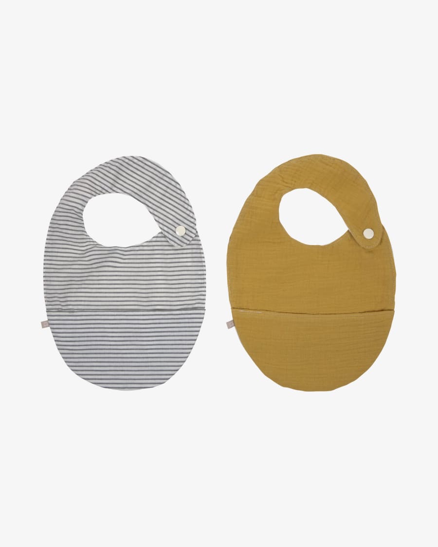 Set Manon de 2 baberos 100% algodón orgánico (GOTS) mostaza y rayas gris