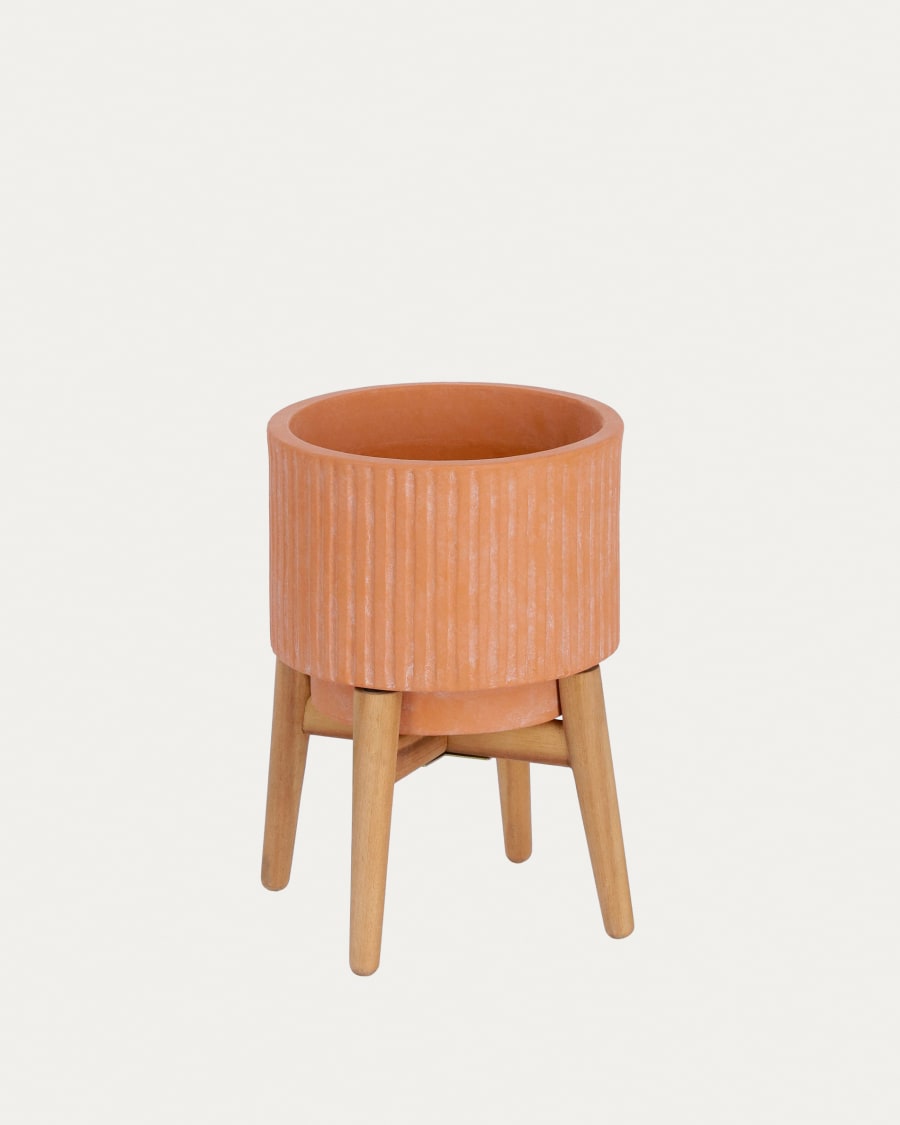 Elima terracota plant pot with solid acacia wood stand, Ø 19.5 cm