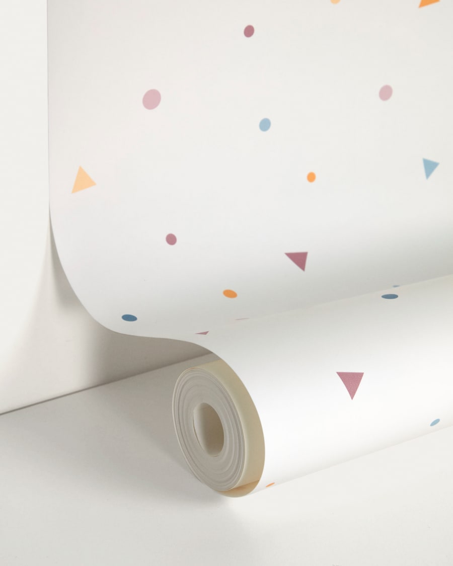 Miris wallpaper with polka dot and blue and mustard triangle print, 10 x 0.53 m, FSC MIX Credit