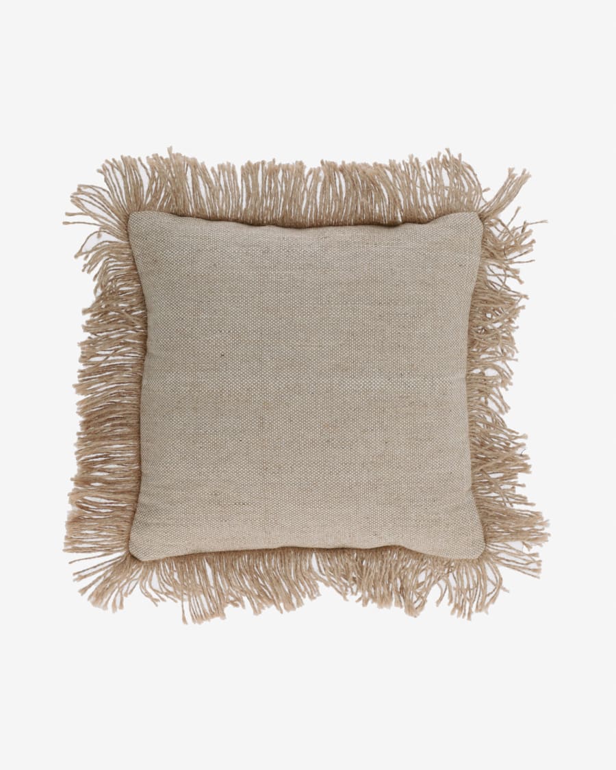 Delcie cotton cushion cover in beige with jute fringe 45 x 45 cm