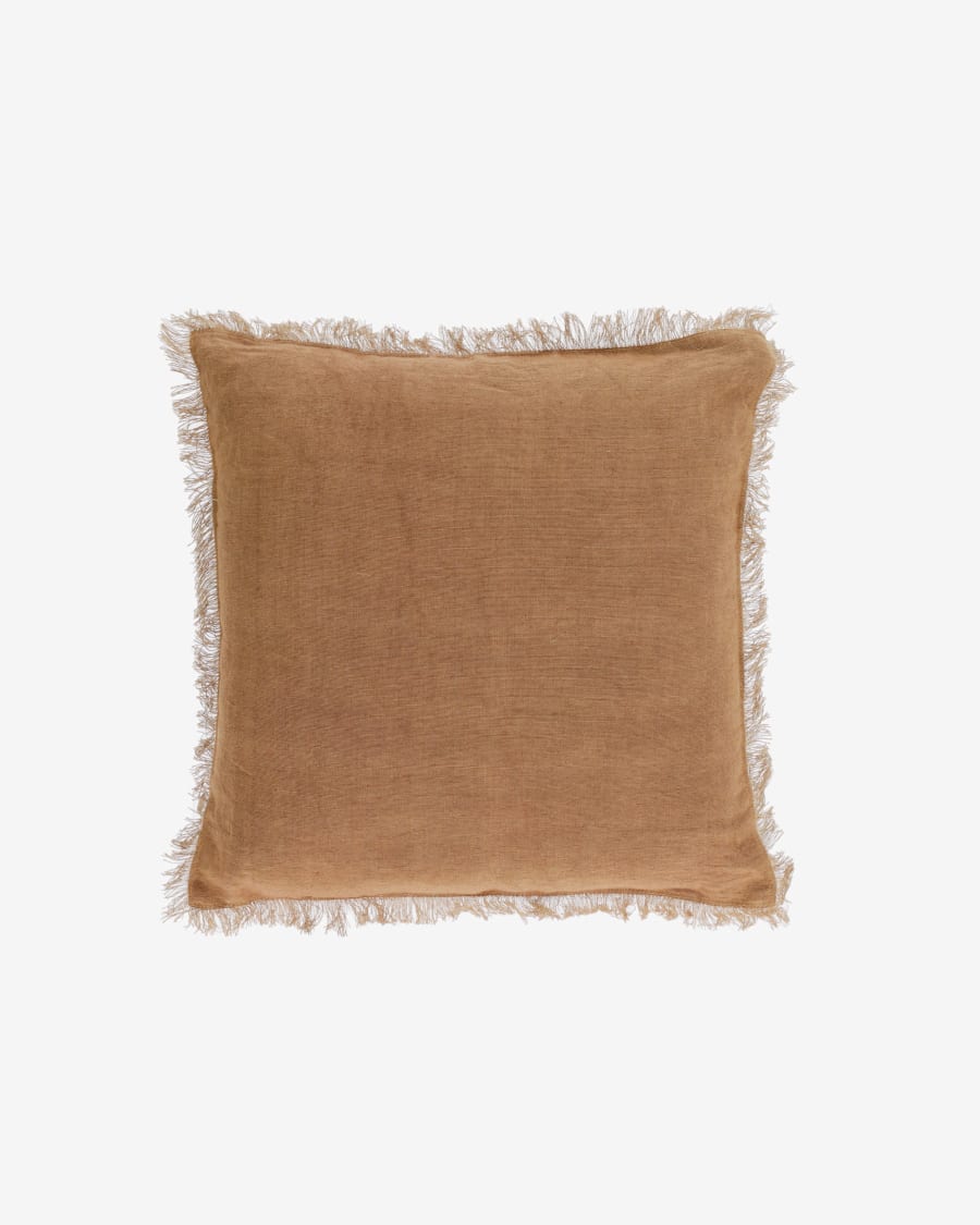 Almira brown cotton and linen cushion cover with fringe 45 x 45 cm