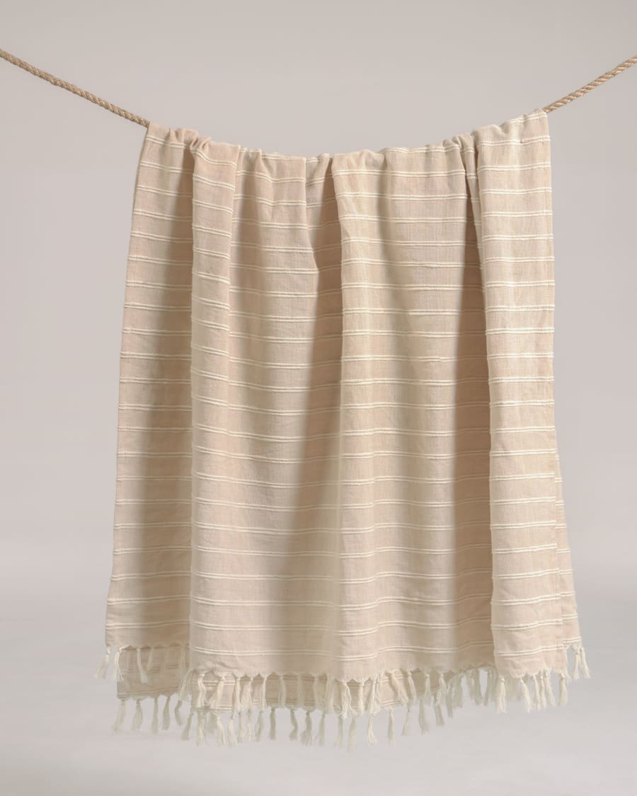 Sweeney 100% cotton blanket with beige and white stripes 170 x 130 cm