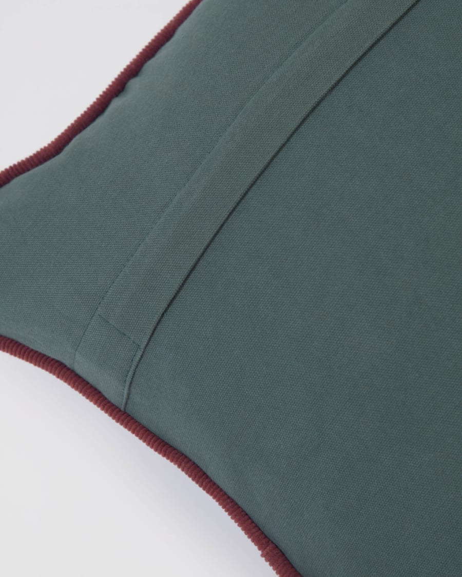 Kelaia 100% cotton cushion cover in green cord with orange border, 45 x 45 cm