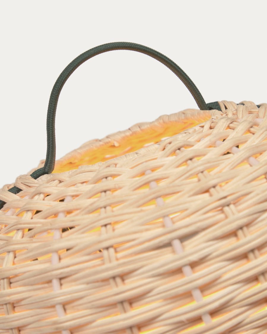 Small Lumisa table lamp in rattan with natural finish and green cord UK adapter