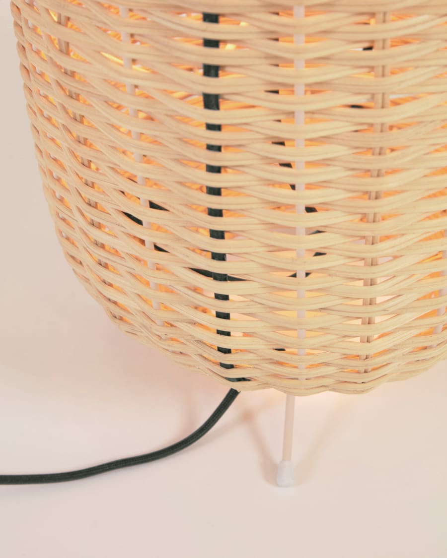 Small Lumisa table lamp in rattan with natural finish and green cord UK adapter