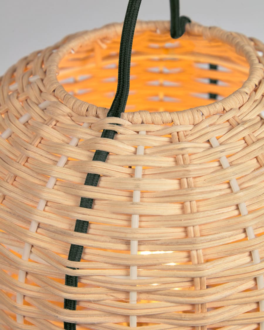 Small Lumisa table lamp in rattan with natural finish and green cord UK adapter