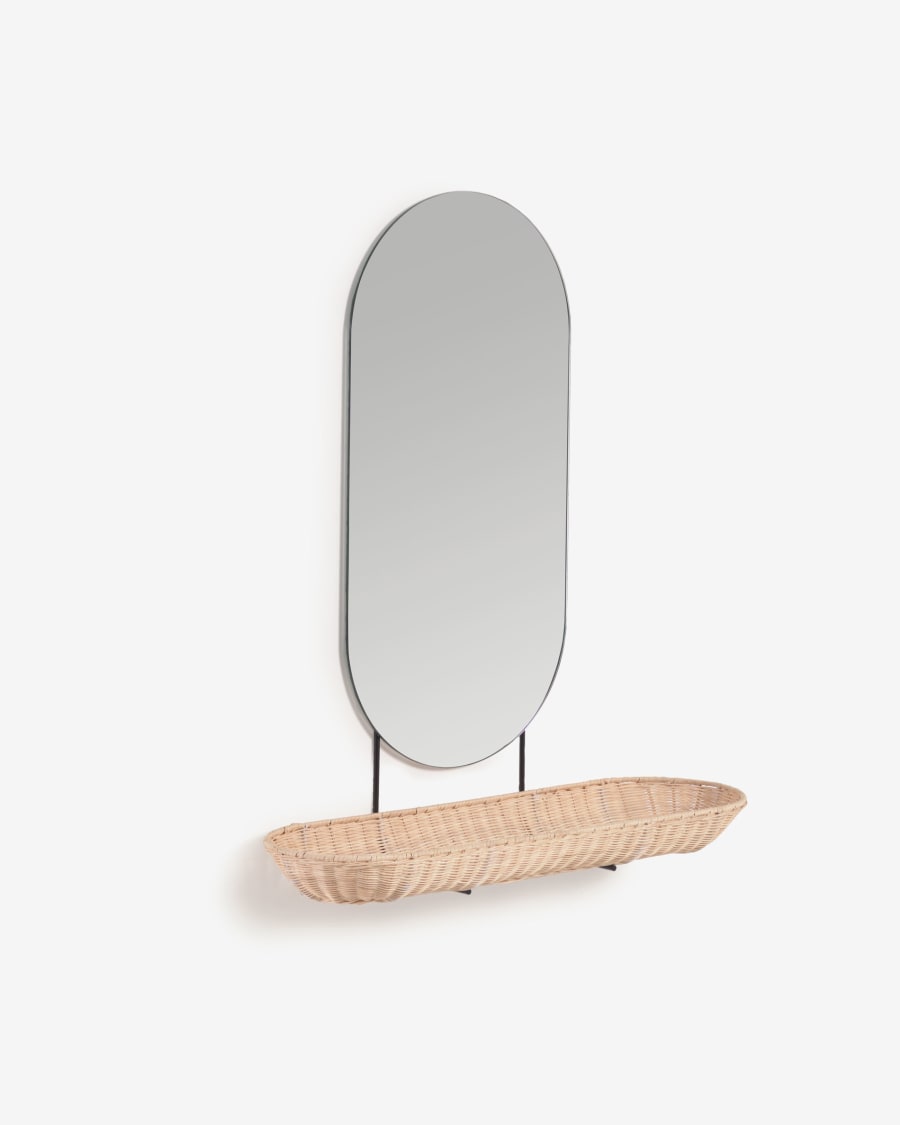 Ebian large wall mirror with rattan shelf with natural finish 80 x 29 cm