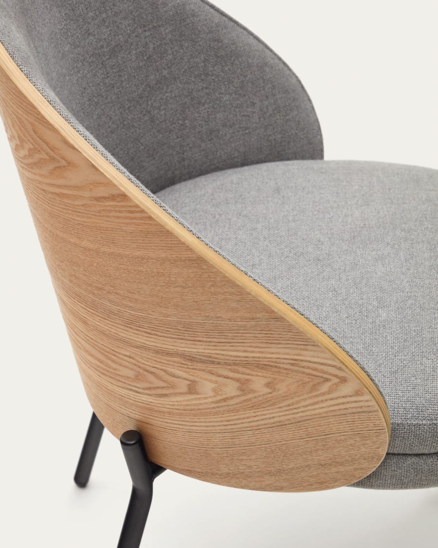 Eamy chair light grey chenille and ash wood veneer with a natural finish and black metal