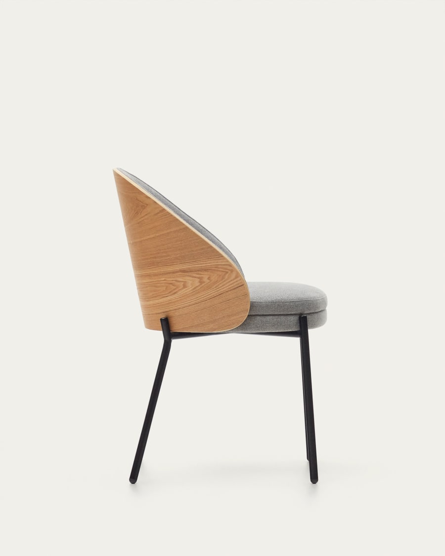 Eamy chair light grey chenille and ash wood veneer with a natural finish and black metal