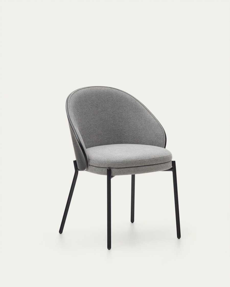 Eamy chair light grey chenilla and ash wood veneer with a black finish and black metal