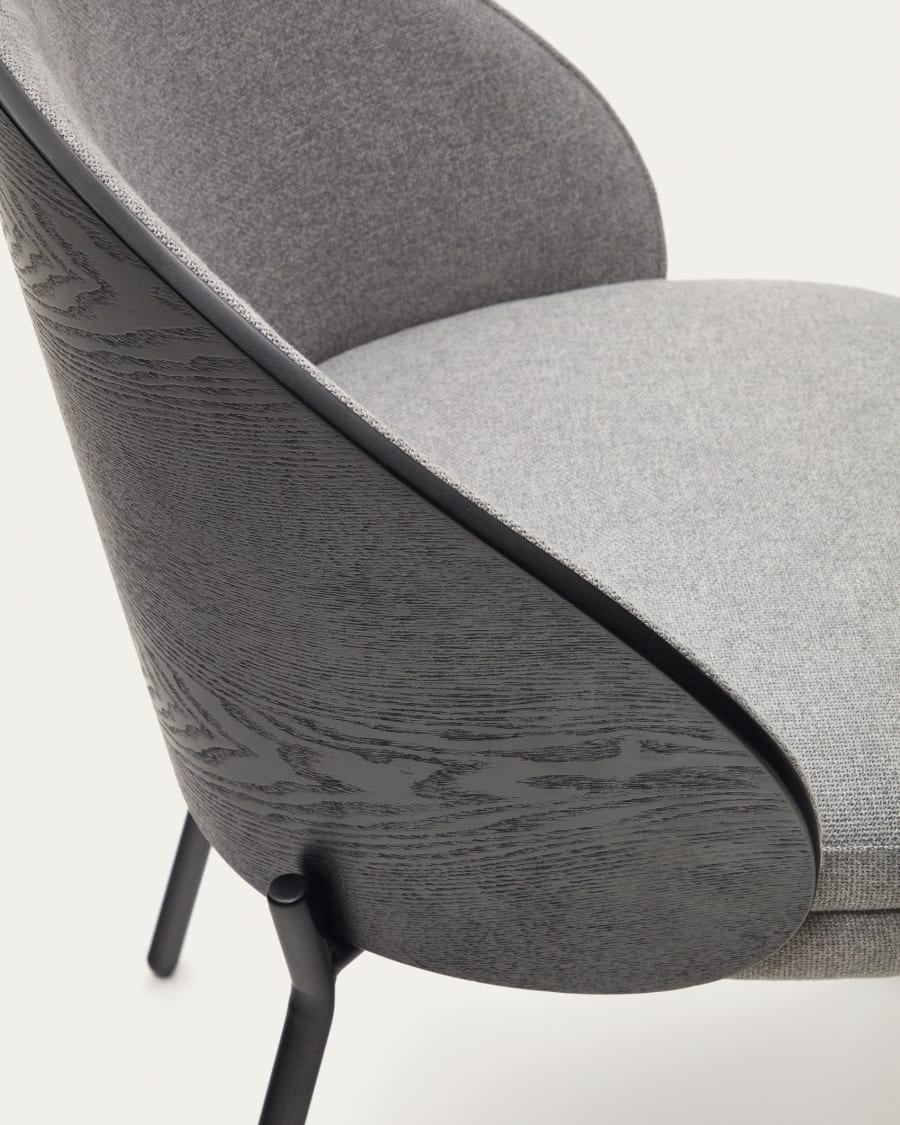 Eamy chair light grey chenilla and ash wood veneer with a black finish and black metal