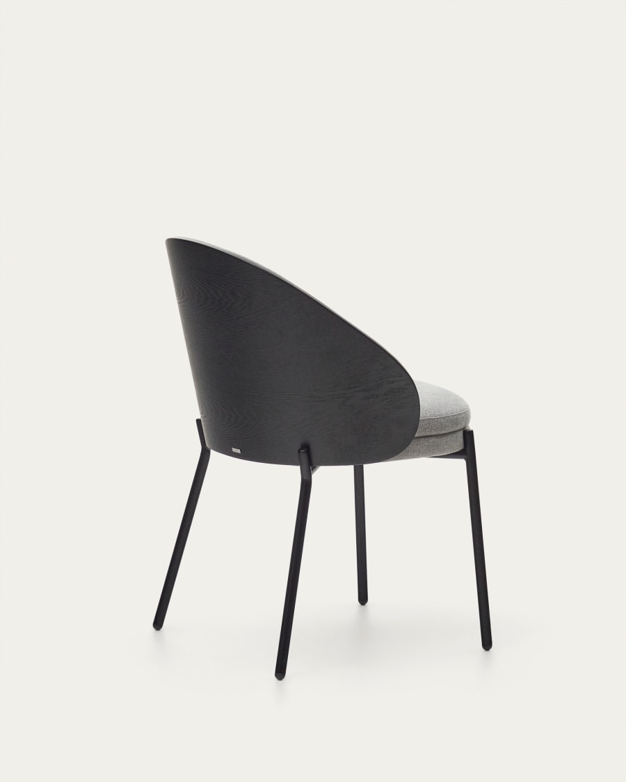 Eamy chair light grey chenilla and ash wood veneer with a black finish and black metal