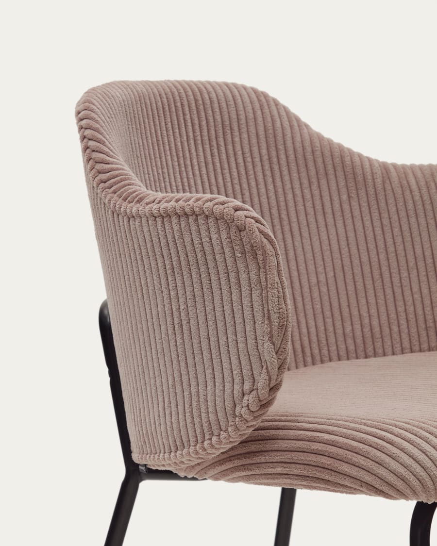 Yunia chair in wide seam pink corduroy with steel legs in a painted black finish