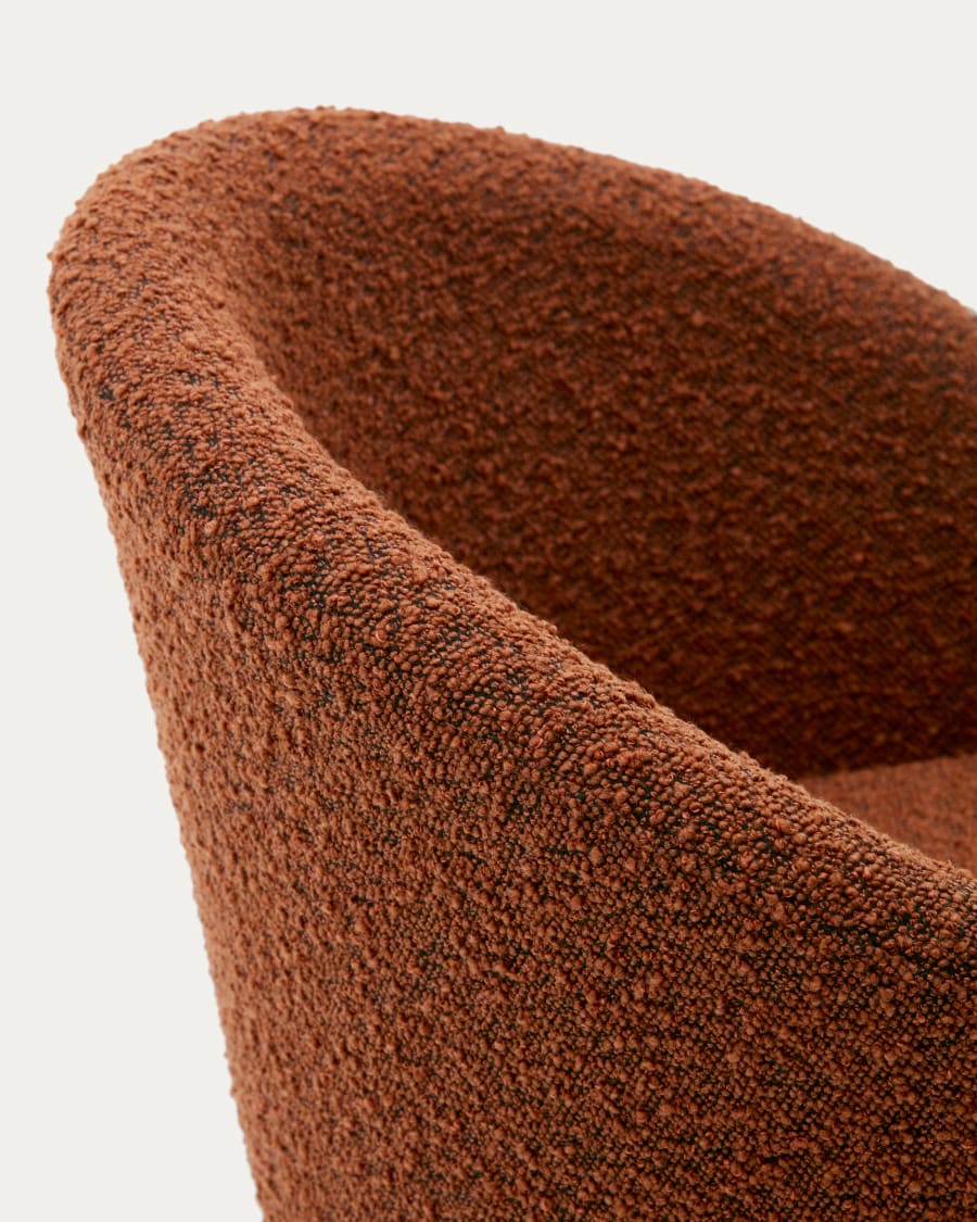 Marvin brown bouclé swivel chair with solid beech wood legs in a walnut finish