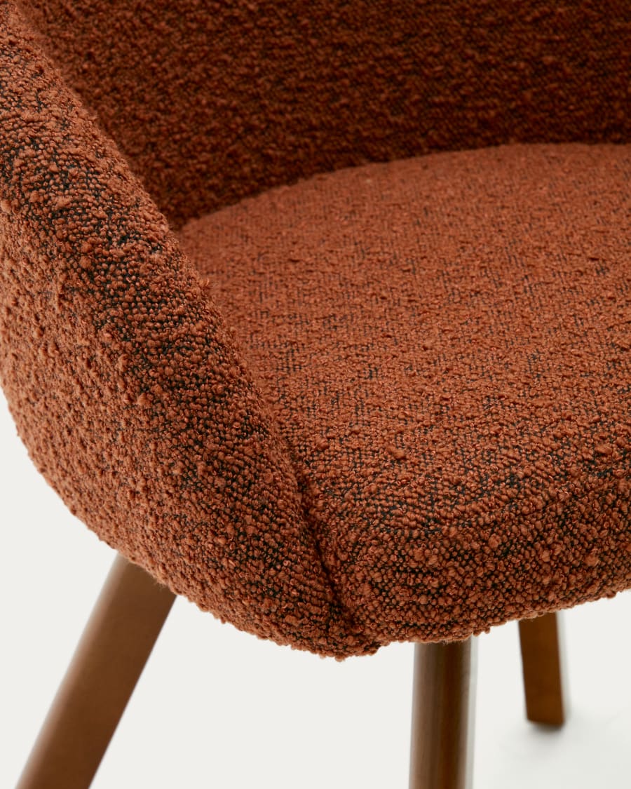 Marvin brown bouclé swivel chair with solid beech wood legs in a walnut finish