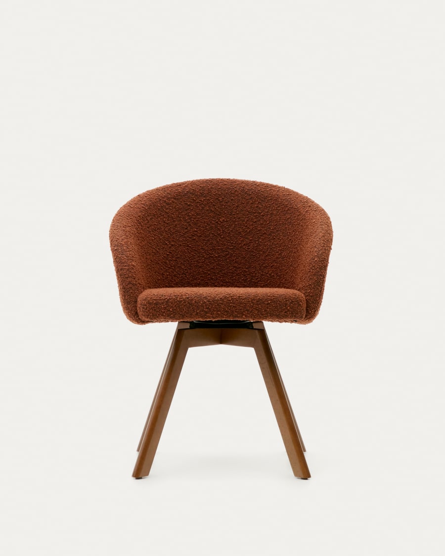 Marvin brown bouclé swivel chair with solid beech wood legs in a walnut finish