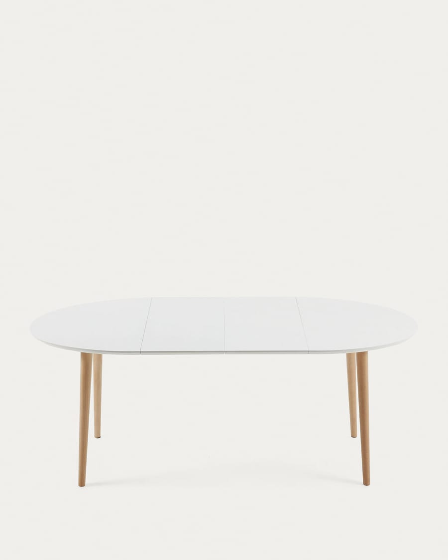 Oqui oval extendable MDF table with white lacquer and solid beech legs 120 (200) x 90 cm