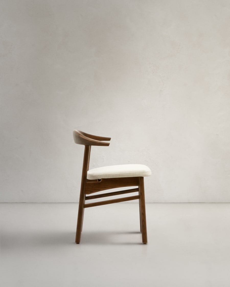 Timons chair removable cover in beige chenille solid oak wood walnut finish FSC Mix Credit
